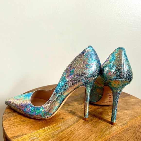 Kate Spade NWOB Larissa Blue Swirl Iridescent Crackle Genuine Leather 4”Heels 5M - Picture 2 of 15